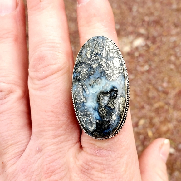 New Huge Pyrite Agate 925 Silver Statement Ring. - Picture 15 of 16